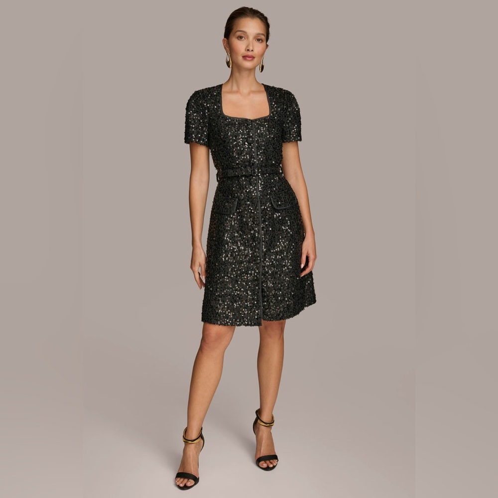 NWT Donna Karan NY Square Neck Sequin A Line Black Sequin Mini Dress Women 10P